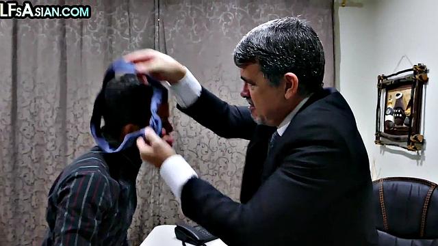 Office Asian twink enjoys anal with white businessman