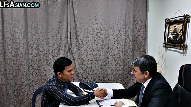 Office Asian twink enjoys anal with white businessman