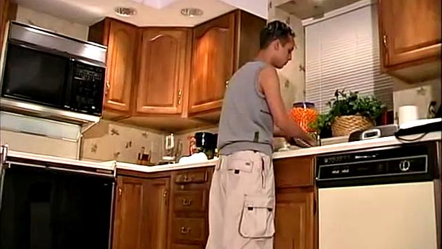 As he does house chores, 19 year old Evan Lucas gets undressed, horny, and works on his cock.