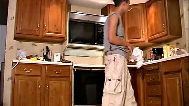 As he does house chores, 19 year old Evan Lucas gets undressed, horny, and works on his cock.
