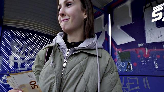 Round euro brunette gets paid for giving blowjob and sex