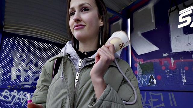 Round euro brunette gets paid for giving blowjob and sex