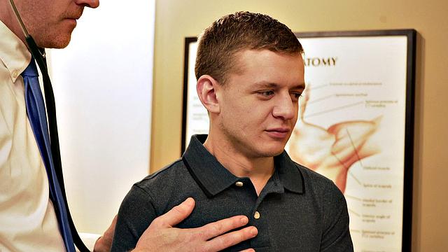 Skinny gay boy barebacked in infirmary by doctor after BJ