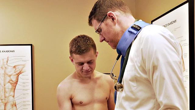 Skinny gay boy barebacked in infirmary by doctor after BJ