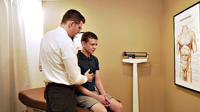 Skinny gay boy barebacked in infirmary by doctor after BJ