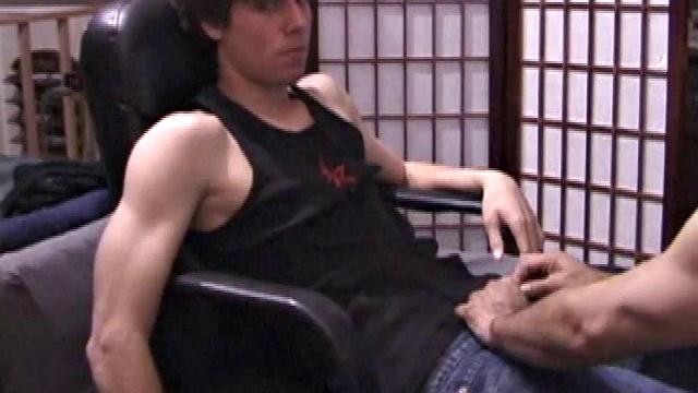 A shaved head and a naughty but nice looks belong to Kenny. Already shirtless, he pulls his pants and boxers down around his ankles and gets to work on his thick cock.