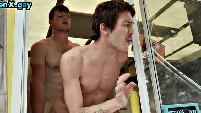 Manly stud fucks public bottom outdoors in food trailer