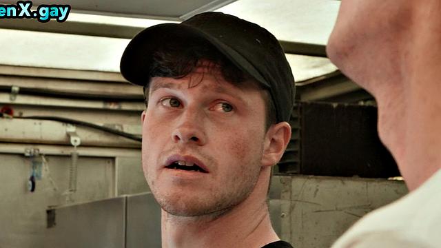 Manly stud fucks public bottom outdoors in food trailer