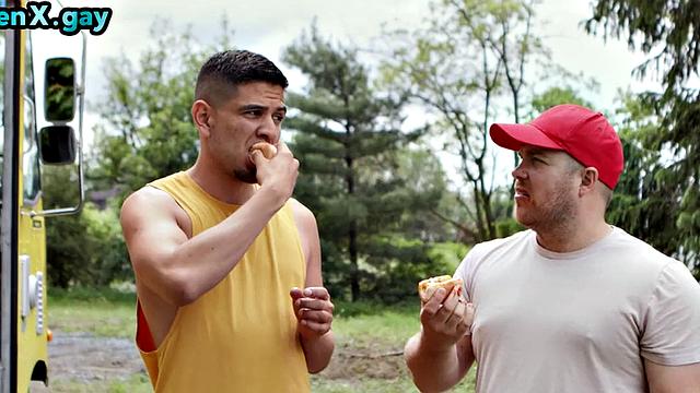 Manly stud fucks public bottom outdoors in food trailer