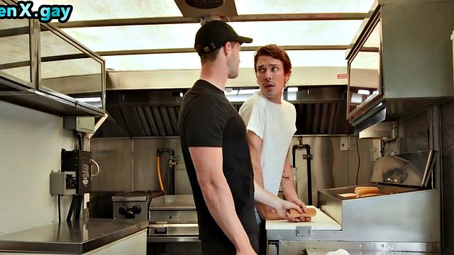Manly stud fucks public bottom outdoors in food trailer