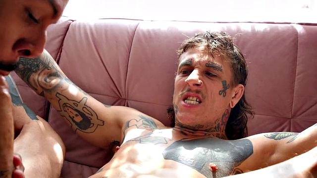 Sexy black gay fucked by white stud in tight anal.