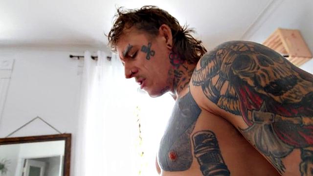 Sexy black gay fucked by white stud in tight anal.