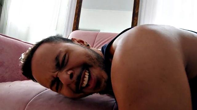 Sexy black gay fucked by white stud in tight anal.