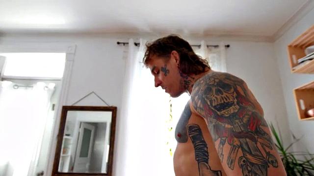 Sexy black gay fucked by white stud in tight anal.