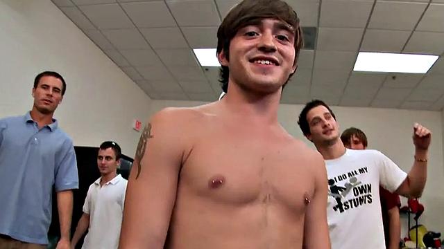 Skinny college stud fucked in ass for voyeur fraternity