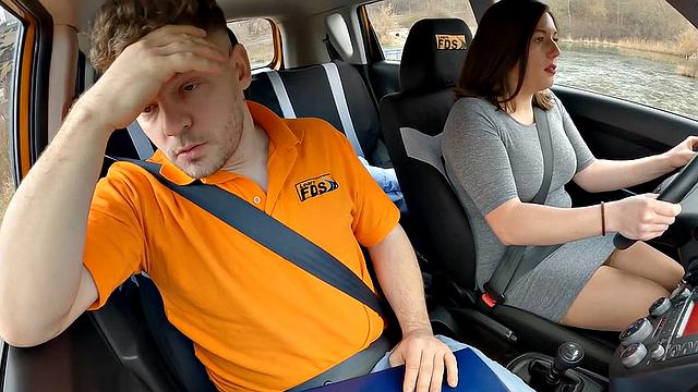 Driving babe fucked by tutor outdoors in public sex