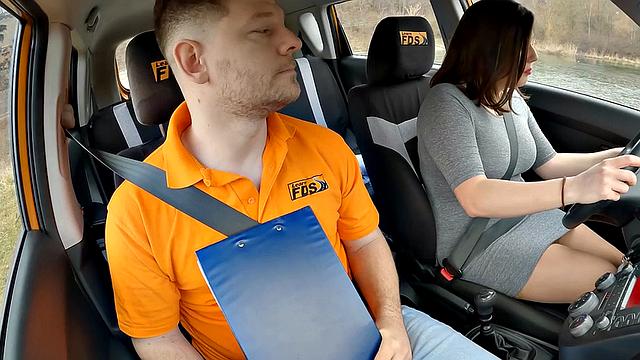 Driving babe fucked by tutor outdoors in public sex