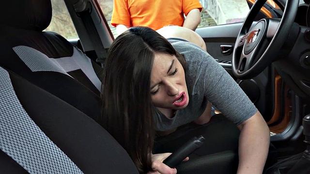 Driving babe fucked by tutor outdoors in public sex