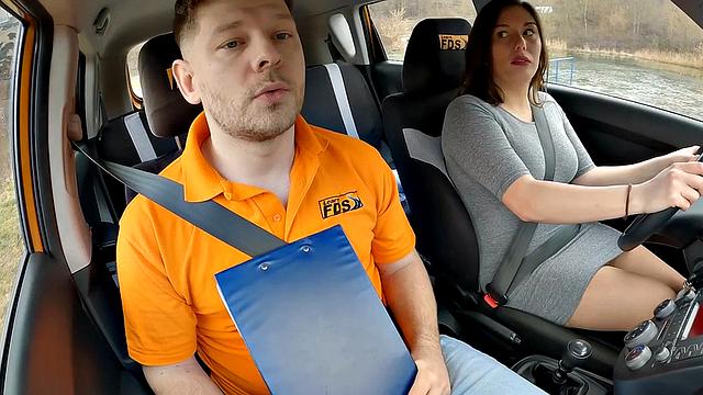 Driving babe fucked by tutor outdoors in public sex