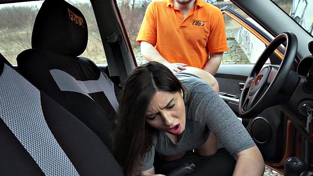 Driving babe fucked by tutor outdoors in public sex