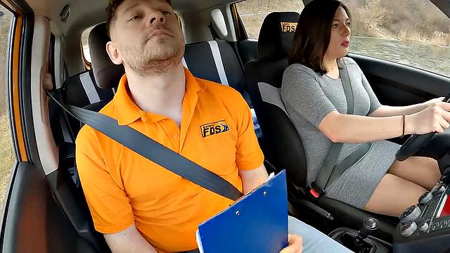 Driving babe fucked by tutor outdoors in public sex