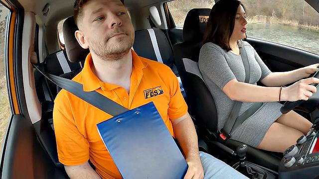 Driving babe fucked by tutor outdoors in public sex