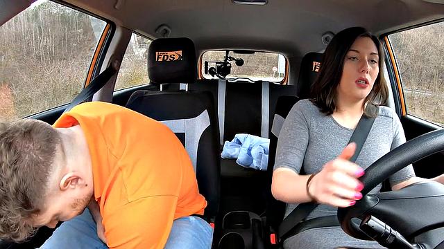 Driving babe fucked by tutor outdoors in public sex