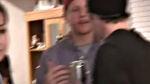 Spit roasted teen gets her pussy drilled