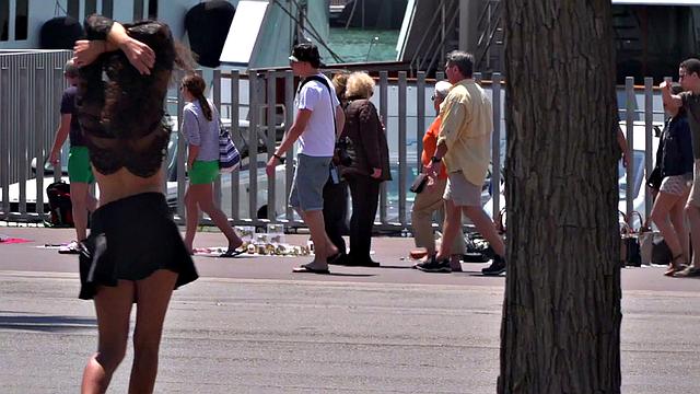 Petite naked teen humiliated in public by domina and master