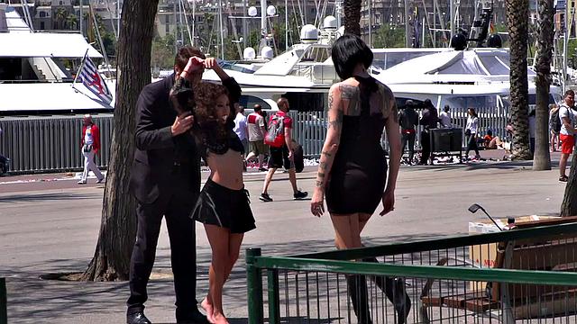 Petite naked teen humiliated in public by domina and master