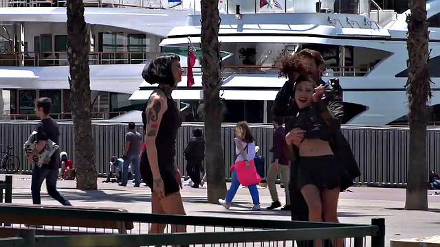 Petite naked teen humiliated in public by domina and master