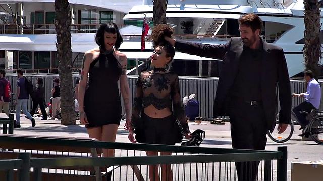 Petite naked teen humiliated in public by domina and master