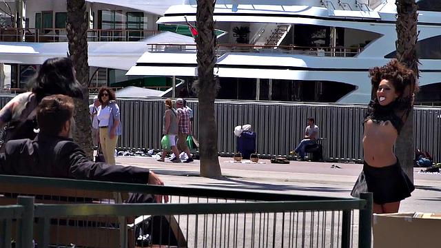 Petite naked teen humiliated in public by domina and master