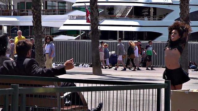 Petite naked teen humiliated in public by domina and master