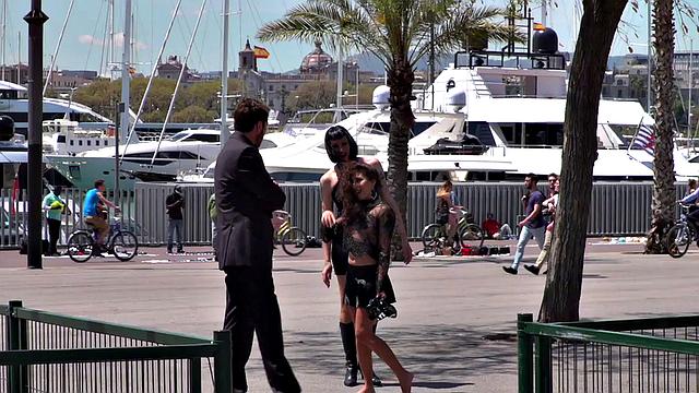 Petite naked teen humiliated in public by domina and master