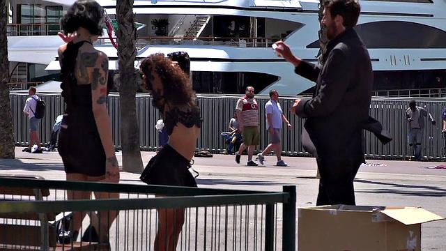 Petite naked teen humiliated in public by domina and master