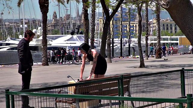 Petite naked teen humiliated in public by domina and master