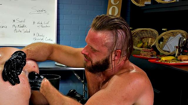 Fisting bottom gets in DILF 3some while sucking cock