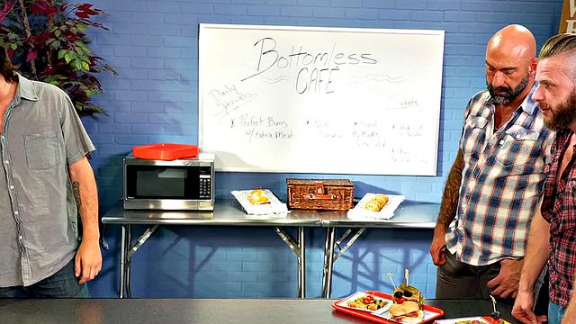 Fisting bottom gets in DILF 3some while sucking cock