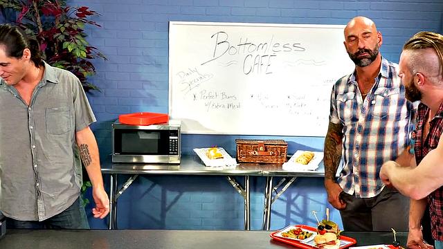 Fisting bottom gets in DILF 3some while sucking cock