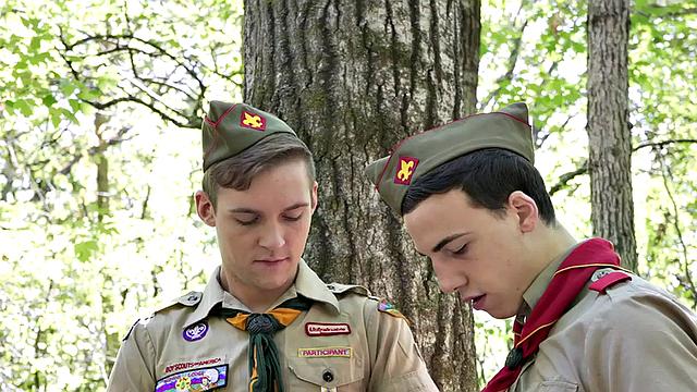 Old gay scout in 3some outdoor with newbie twinks