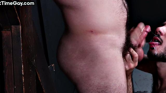 BDSM tied up guy sucked and jerked by gay till cumshot