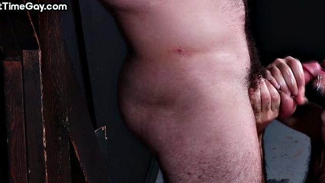 BDSM tied up guy sucked and jerked by gay till cumshot