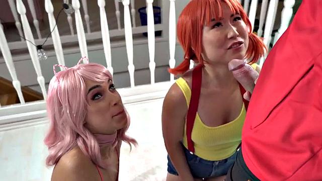 cosplay sluts share cock in hostel 3some
