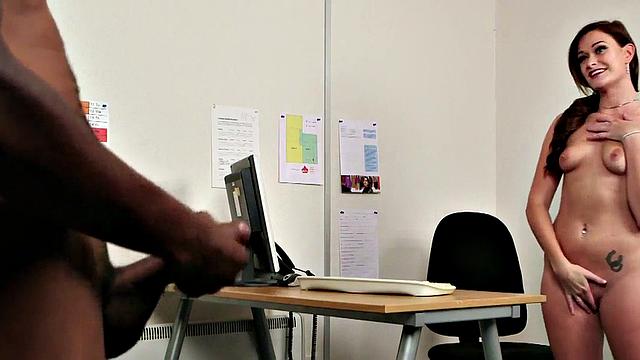 BBC-loving voyeur teases guy who jerks off on her in the office