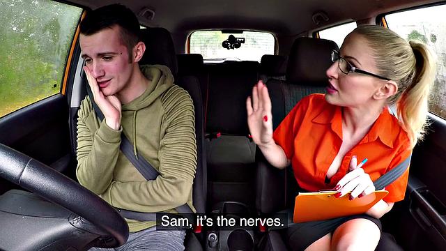 Hot car fuck with glasses-wearing babe after failing her driving test