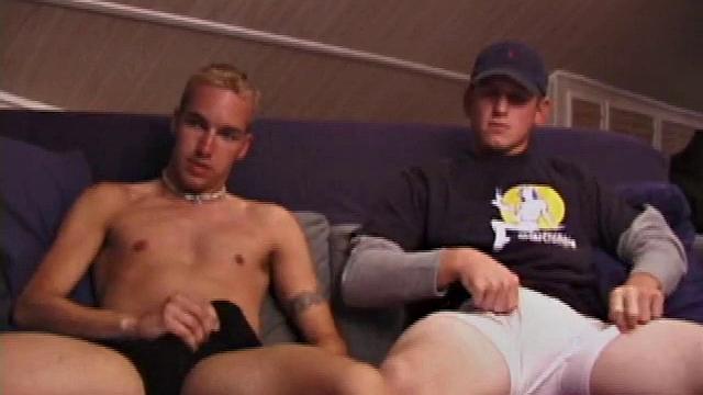 Noah sits next to Kullen and it's not long before their pants are off and they're telling each other how horny they are. Both stroke through their underwear.