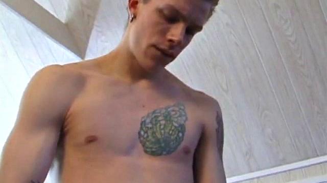 After returning from skateboarding, Shane strips down and starts tugging on his cock. Following some serious stroking, Shane cums all over his skateboard.