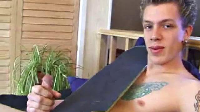 After returning from skateboarding, Shane strips down and starts tugging on his cock. Following some serious stroking, Shane cums all over his skateboard.