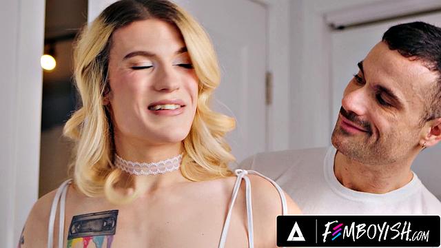 FEMBOYISH - Blonde Femboy In Sexy Lingerie Spreads His Legs For Tito Patron's Big Cock